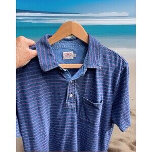 Faherty Brand SS Polo Shirt Indigo Dyed Cotton Blue Stripe Logo Mens Medium